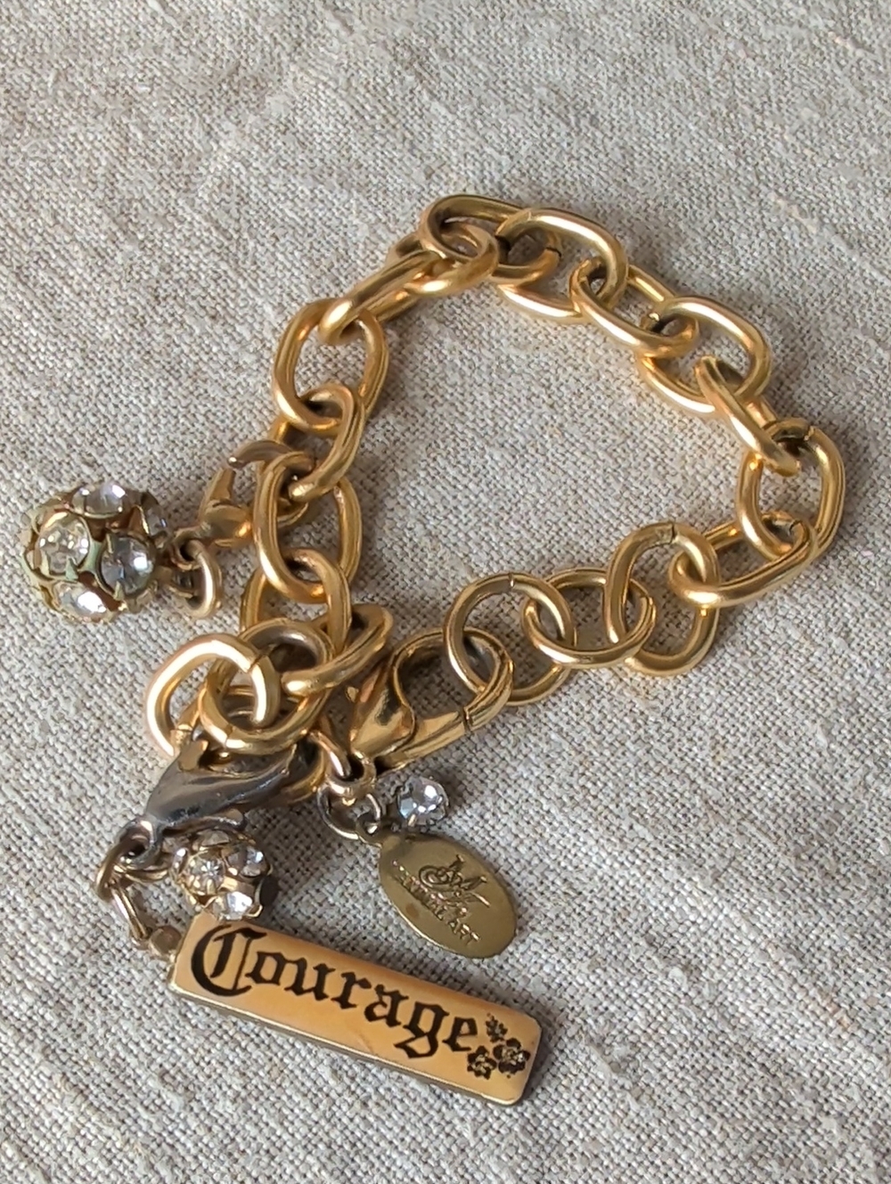Signed Maximal Art Charm Bracelet Gold Tone Chunky Chain Dream Charm Rhinestone